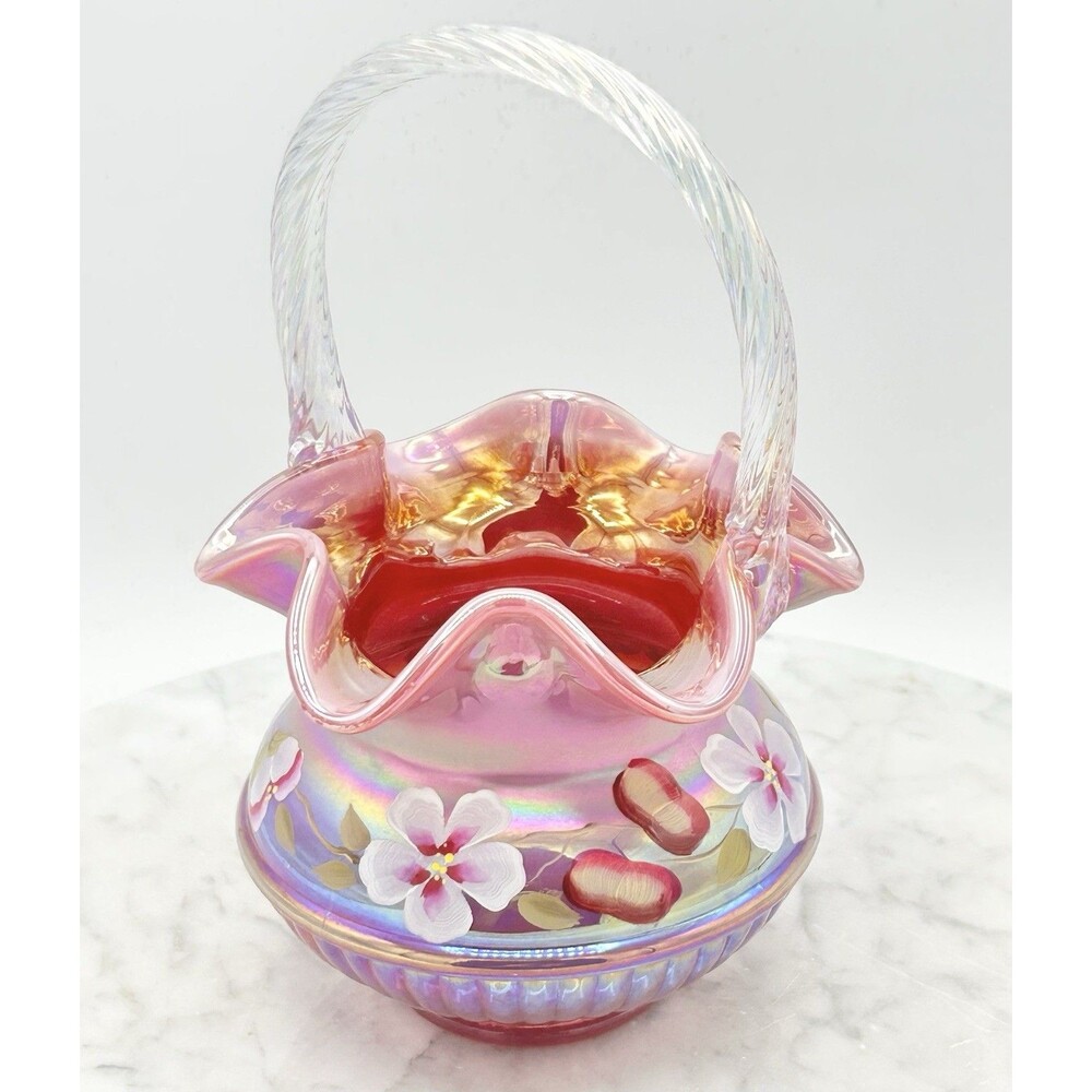 Fenton Pink Opalescent Art Glass Hand Painted Floral Basket Signed Ruffle Edge